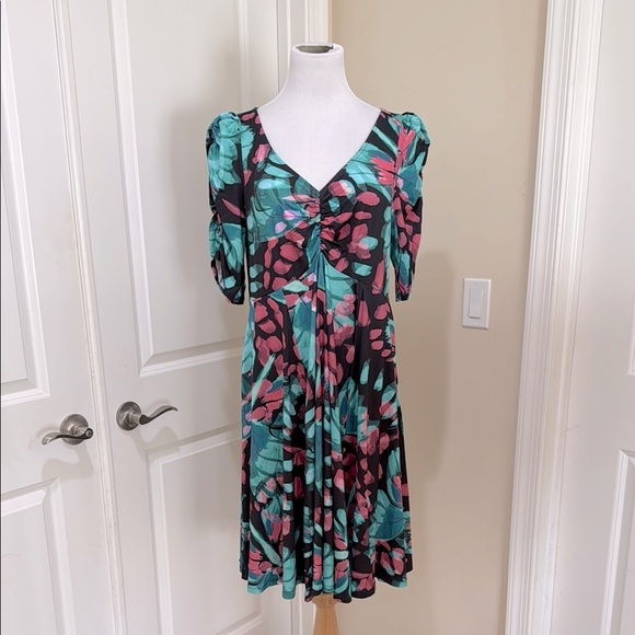 Torrid Mini Studio Knit Cinch Front Skater Butterfly Print Teal/Pink Dress Sz 1X - Picture 2 of 9